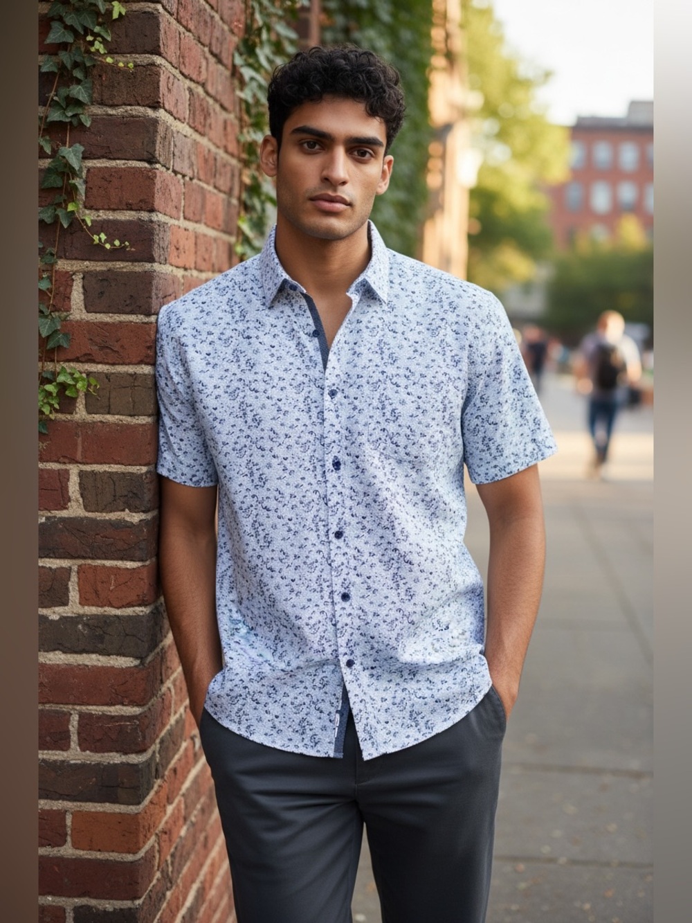Monument Men’s White Short-Sleeve Button-Down Shirt with Blue Micro Floral